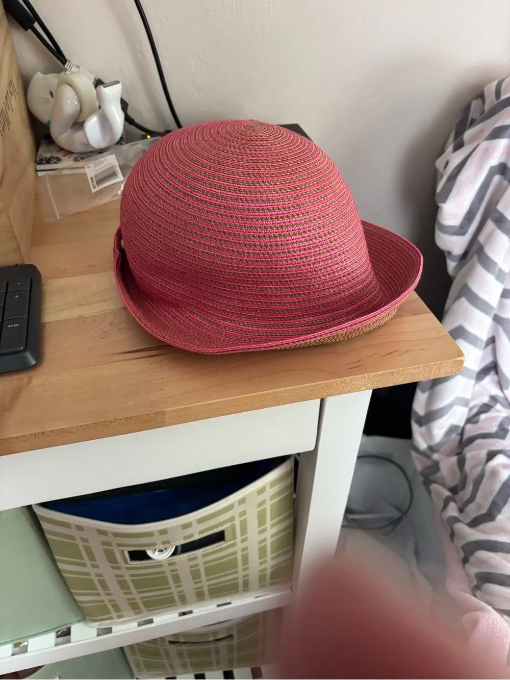 Eric Javits Pink and Natural Striped Packable Sun Hat - Picture 3 of 3
